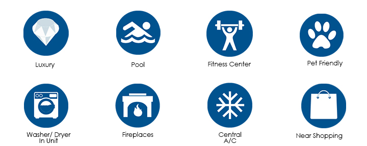 Icons show pool, fitness and other amenities at Glendon Westwood Apartments