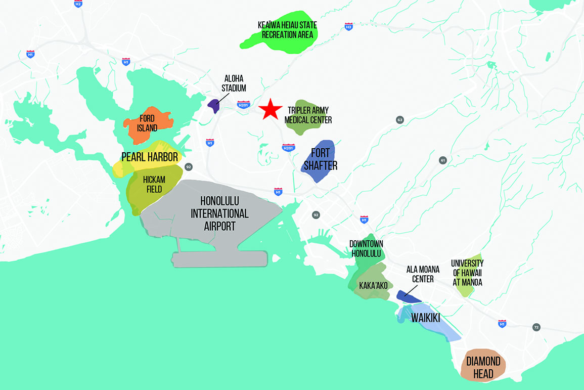 MHA-Hawaii Area Highlights Map lighter Illustrated map of Honolulu shows nearby points of interest