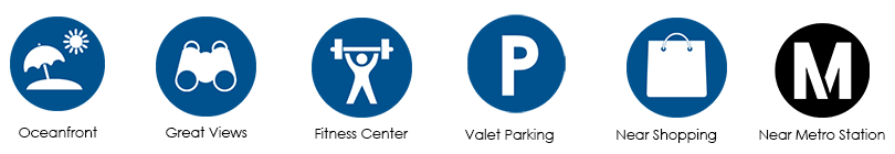 Icons show pool, fitness and other amenities at Pacific Plaza Apartments